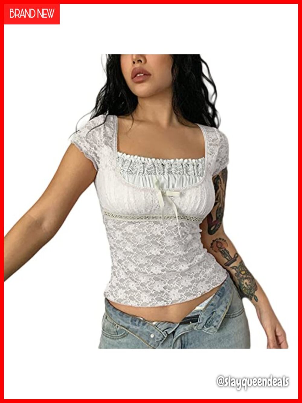 Y2K Fairy Grunge Mesh Lace Sheer Top Short Sleeve T-Shirt - Picture 3 of 3